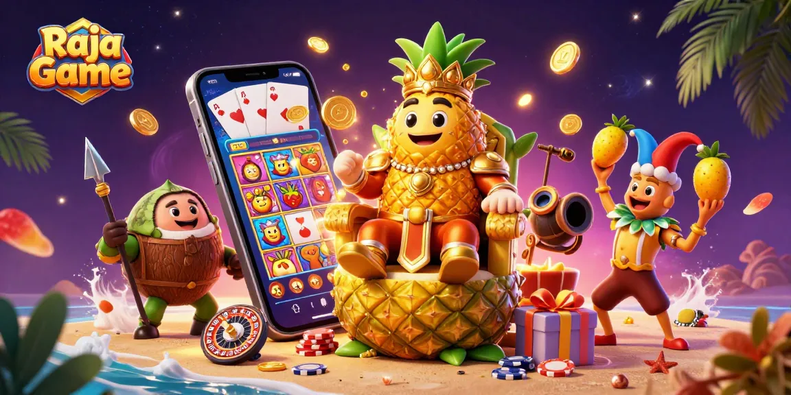 Engage with Raja Game's thrilling slot experience through a vibrant 3D illustration packed with casino elements.