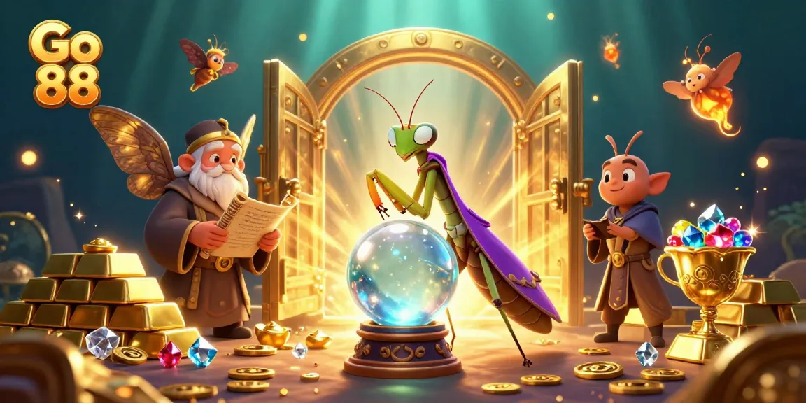 Engage with Go 88’s vibrant online casino world through a magical scene filled with treasures and fortune-telling characters.