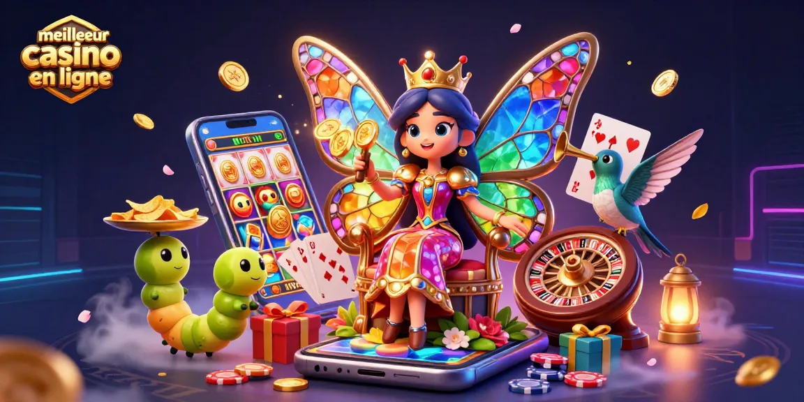 Faites plaisir aux amateurs de jeux avec le meilleur casino en ligne, illustré par une reine papillon captivante et des éléments de jeu fascinants.