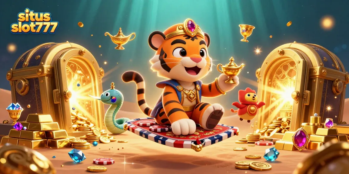 Experience thrilling wins at situs slot777 with a vibrant 3D casino-themed scene bursting with treasures.