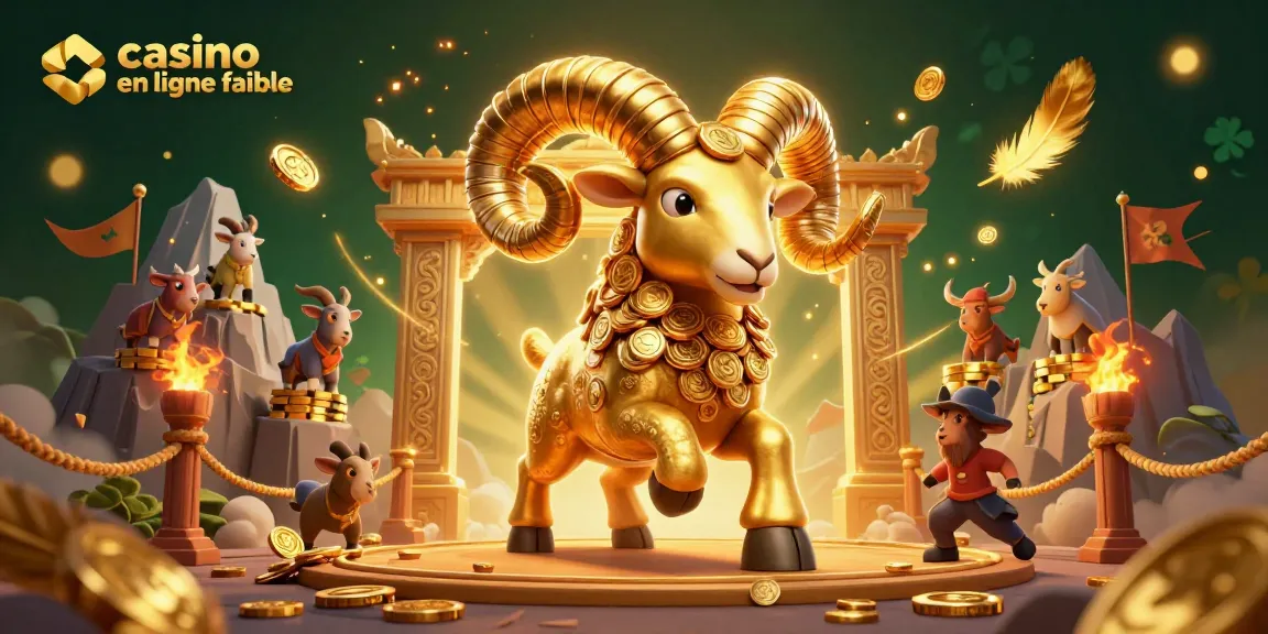 Illustration dynamique mettant en scène un casino en ligne fiable avec un bélier doré et des pièces, idéal pour jouer.