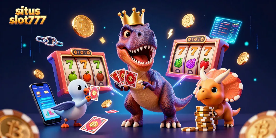Situs slot777 menawarkan ilustrasi ceria dengan karakter T-Rex bermain kartu dan triceratops menyusun chip emas