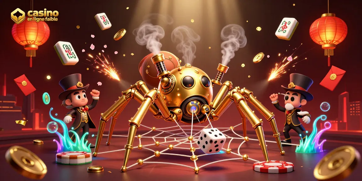Illustration vibrante d'un casino en ligne fiable, avec une araignée steampunk en train de capturer des dés, entourée de jeux et d'éléments festifs.