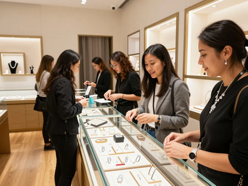 Shoppers eagerly browse around these guys in a modern jewelry store, admiring exquisite diamond pieces amid stylish decor and warm lighting.