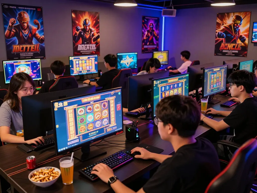 Dynamic scene of gamers engaging with situs gacor slot games in a lively cyber café.