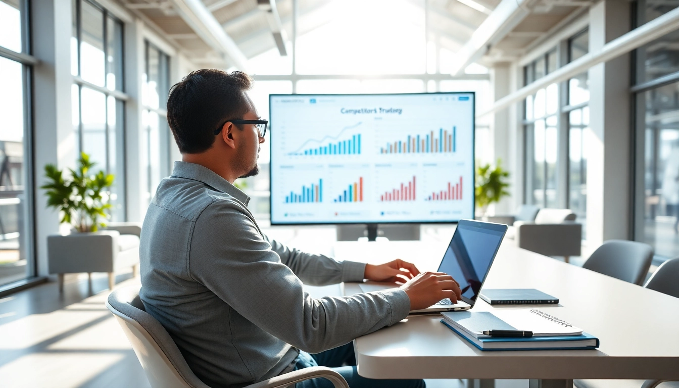 Analyze competitor pricing data with a professional setting featuring graphs and bright atmosphere.