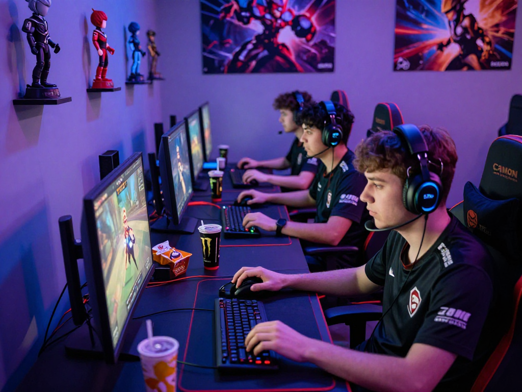 Engaged gamers in an esports match showcasing raja328 competition atmosphere and vibrant gaming setups.