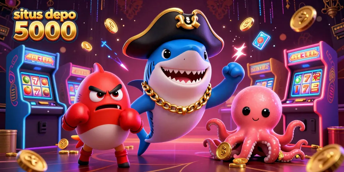 Situs depo 5000 menampilkan ilustrasi animasi kasino menarik dengan jackpot, simbol slot, dan karakter lucu