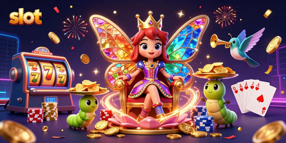 Experience exciting slot gameplay with a vibrant 3D illustration of a butterfly queen and dynamic casino elements.