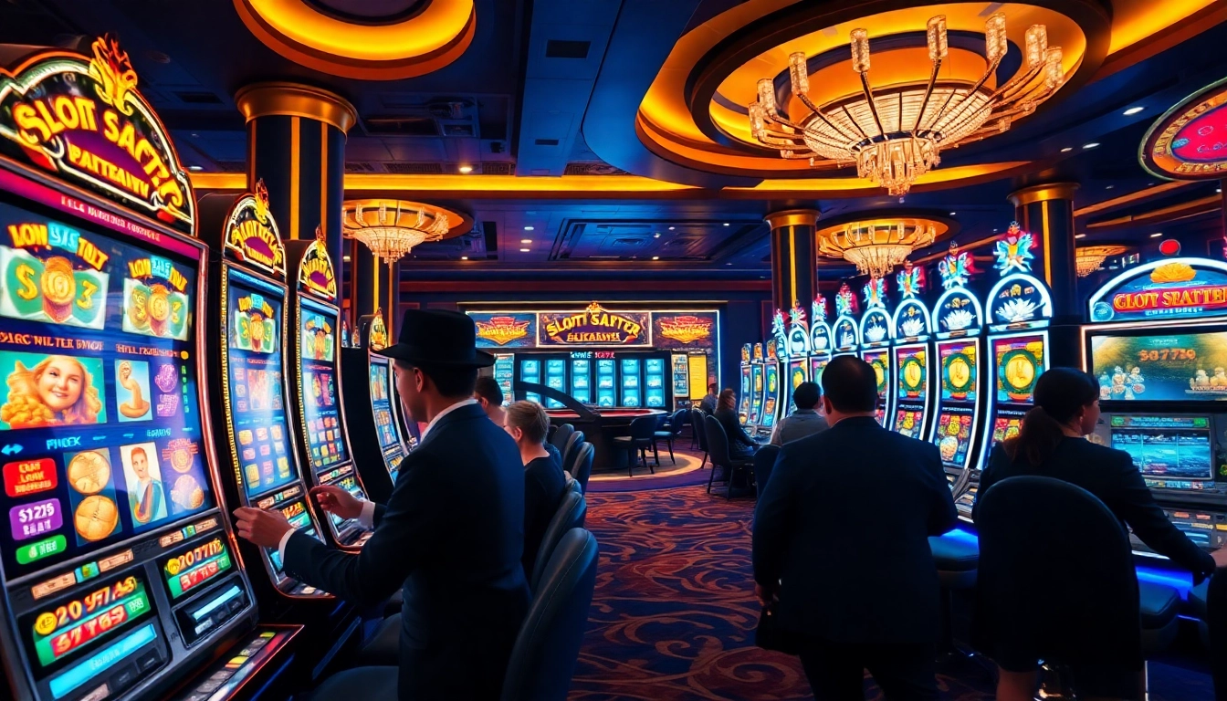 Experienced gamblers spinning the slot scatter hitam machine with excitement in a luxury casino setting.