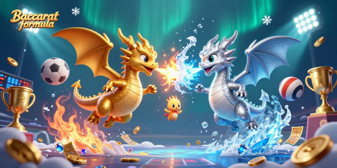 Baccarat formula illustrates dynamic gameplay with twin dragons, sports elements, and vibrant casino atmosphere.