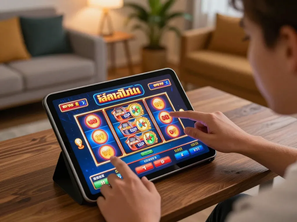 Explore exciting สล็อตวอเลท gameplay with a player interacting with a colorful slot machine on a tablet in a cozy home setting.