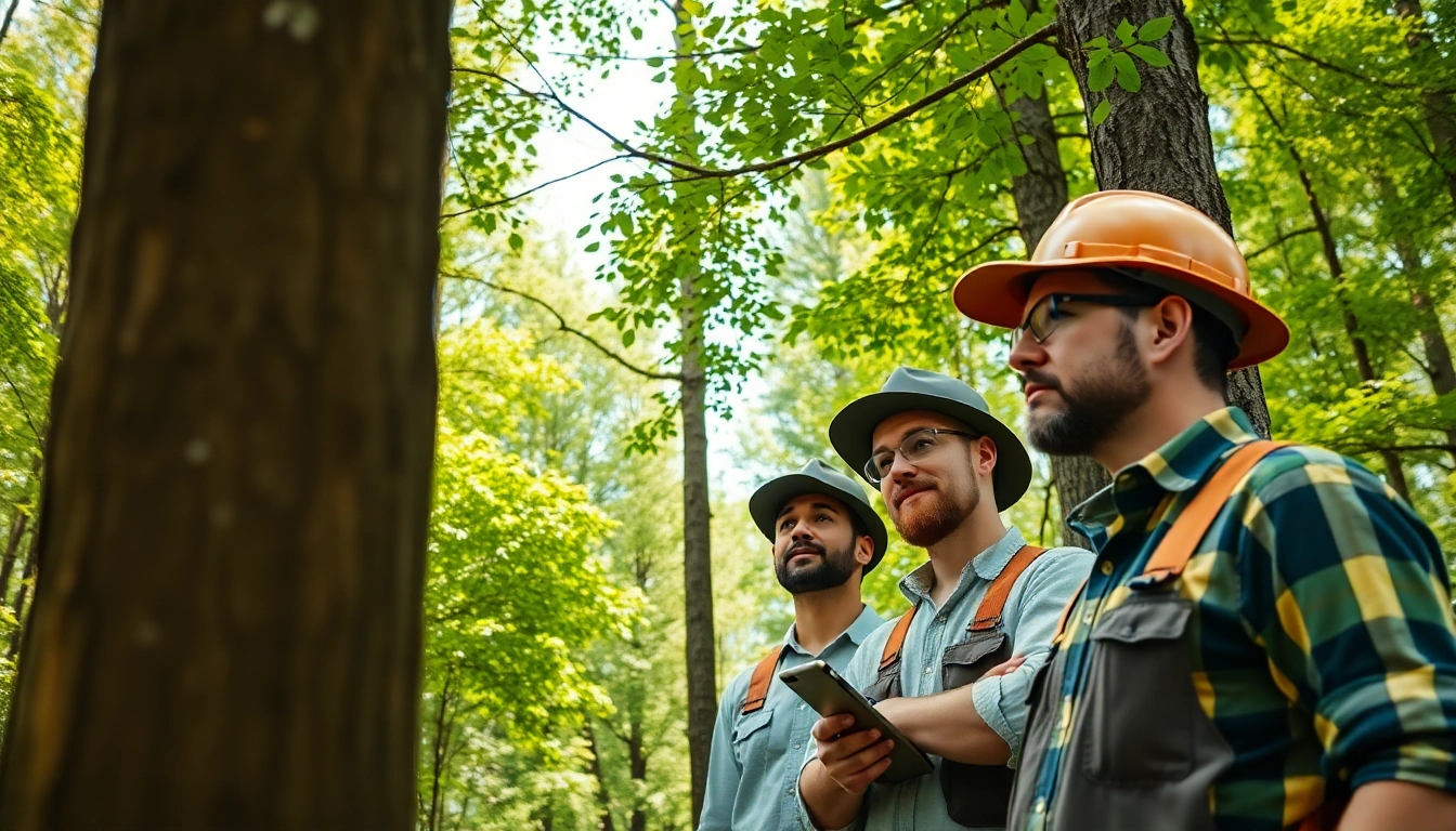 Expert tree consultancy team assessing tree health in a lush forest environment.