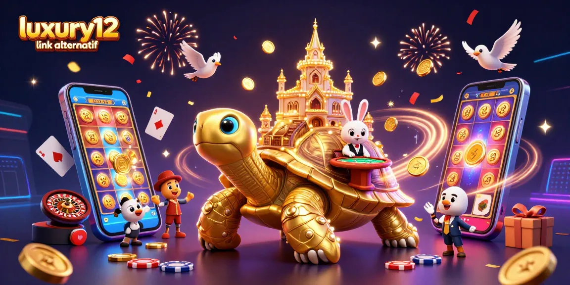 Engage with luxury12 link alternatif through a vibrant casino scene featuring golden tortoise and rabbit dealer.