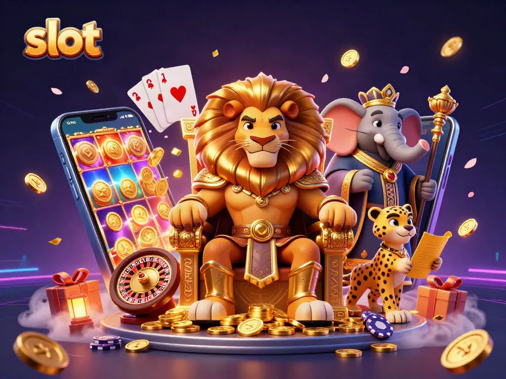 Slot gacor dengan karakter singa raja di tahta emas, elemen menarik dan grafis mengesankan.