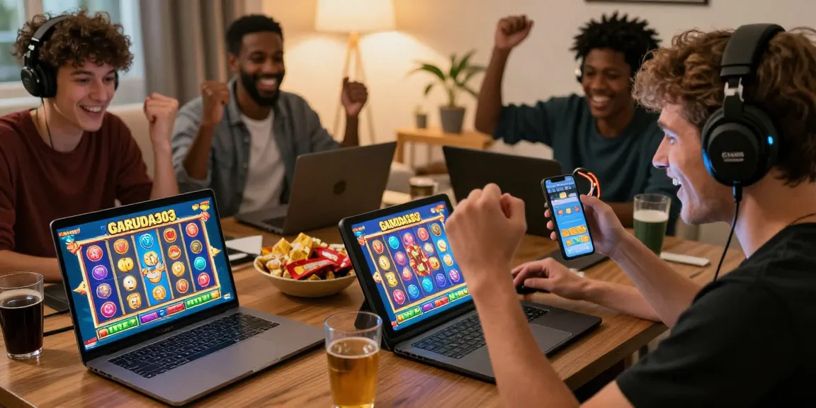 Players enjoying GARUDA303 slot on different devices, celebrating wins in a vibrant gaming atmosphere.