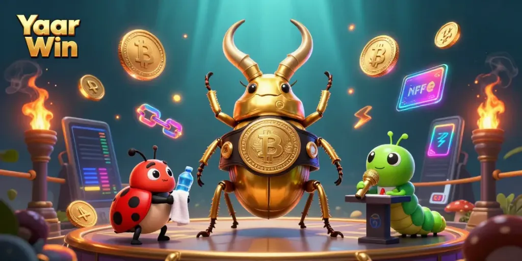 Experience Yaar Win with games played amongst a golden stag beetle champion and glowing crypto coins.
