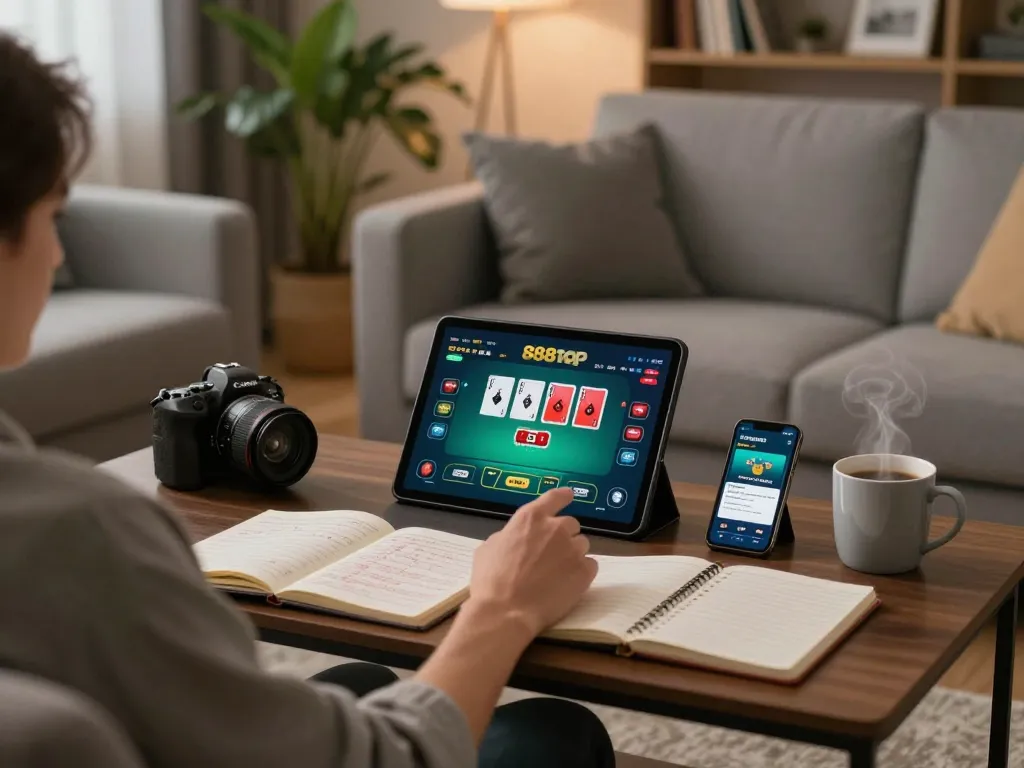 Player enjoying poker with 888top app on tablet in a cozy living room setting