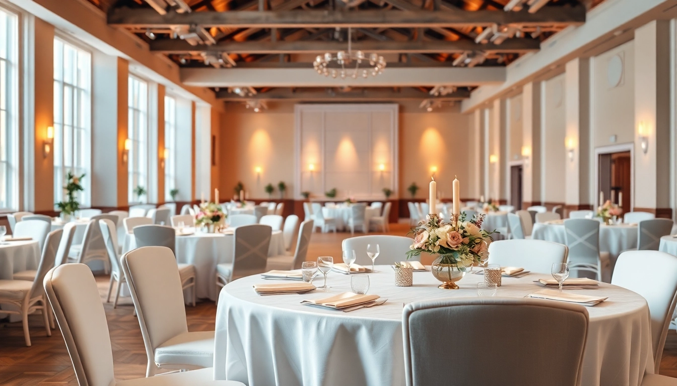 Showcasing Table & Chair Rentals with an elegant banquet arrangement and soft lighting.