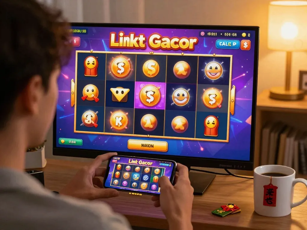 Engaging in Link Slot Gacor while spinning colorful reels on smartphone in cozy home setting