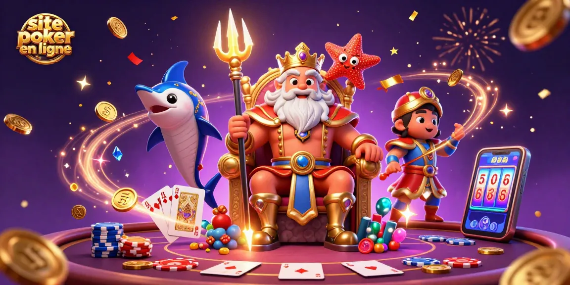 Gagnez au site poker en ligne avec une animation dynamique d'un roi Neptune entouré de poker et de jeux d'argent.