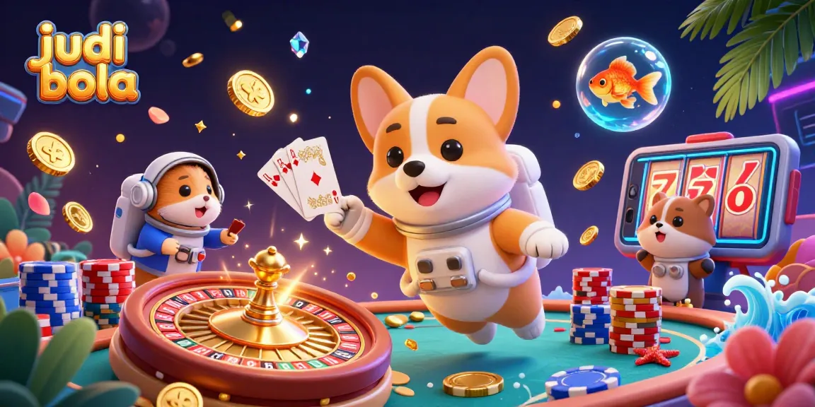 Experience judi bola in a vibrant 3D casino scene with an astronaut corgi, mission hamster, and goldfish surrounded by sparkling game elements.