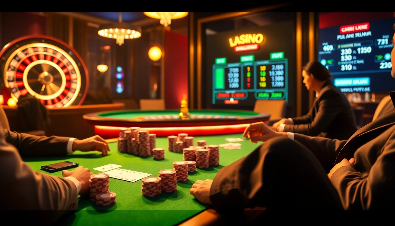 Participez à l'action palpitante du poker dans un casino en ligne Français 2026 avec des joueurs élégants et des éléments de jeu vibrants.