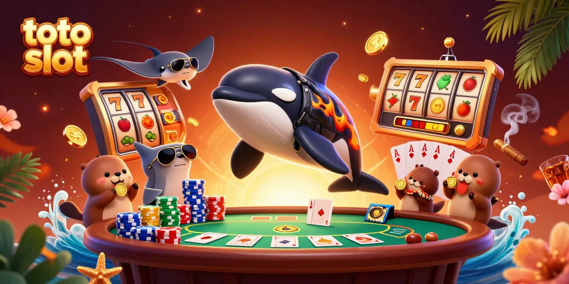 Gamer menang dengan permainan slot gacor di JPTOTO, simbol buah dan jackpot menyertai hewan laut.
