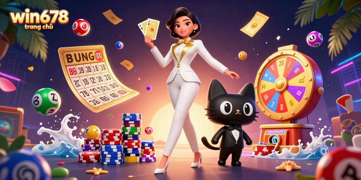 Play engaging games at win678 trang chủ, featuring a glamorous dealer with a deck of golden cards and a stylish cat.