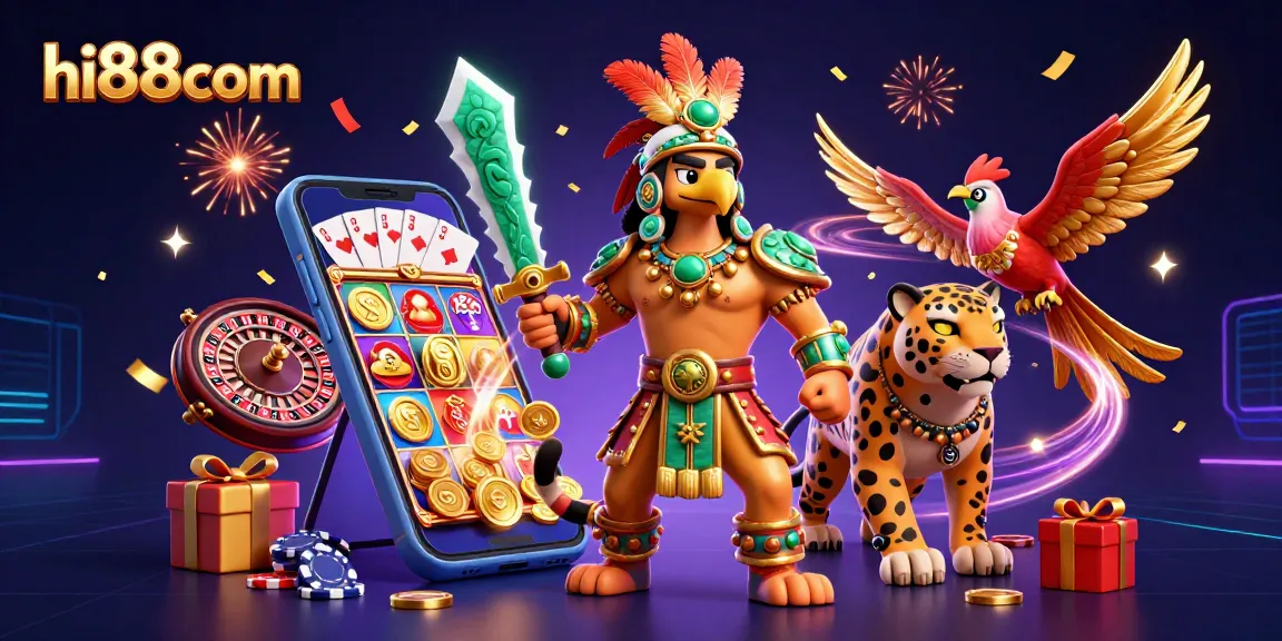 Experience vibrant gaming action with hi88com's Aztec warriors and slot elements.