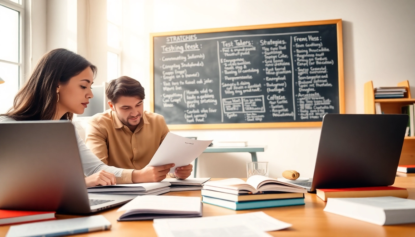 Focused professionals studying as TOEFL test takers for hire in a collaborative environment.