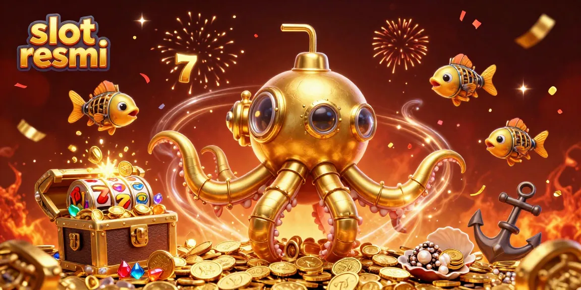 Spin and win big with slot resmi featuring vibrant kraken submarine and dazzling gold treasures.