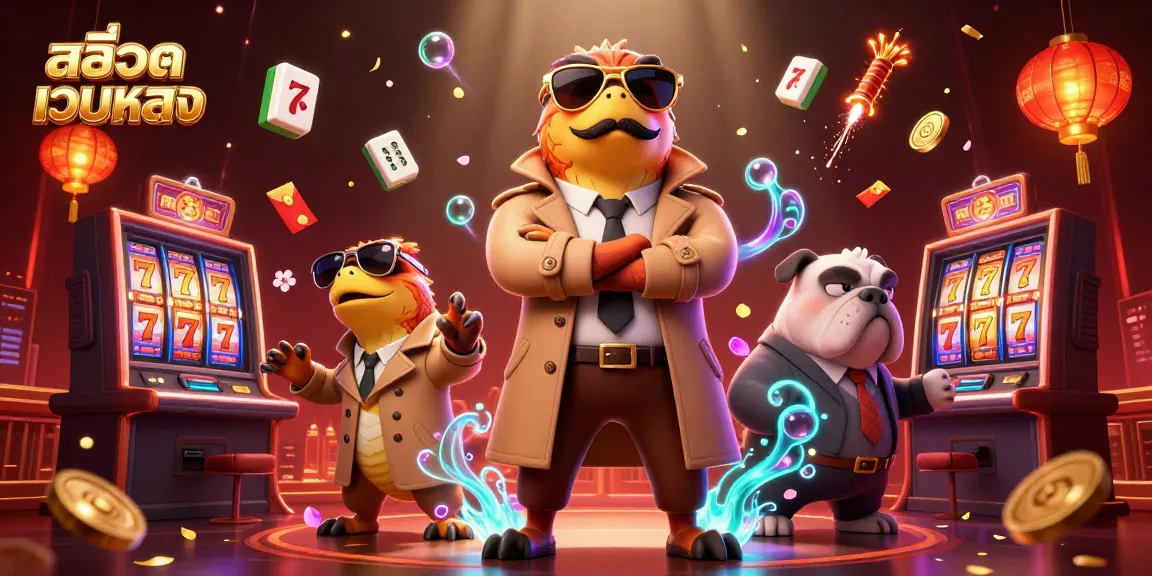Engage with สล็อตเว็บตรง in an animated casino scene featuring raptors and vibrant game elements.
