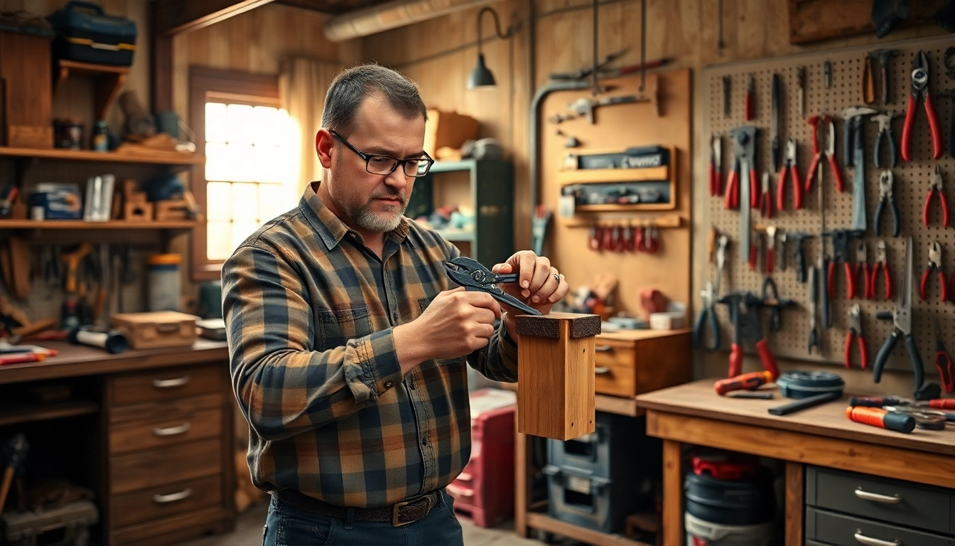 Irwin-Werkzeuge werden von einem Handwerker in einer gut beleuchteten Werkstatt verwendet.