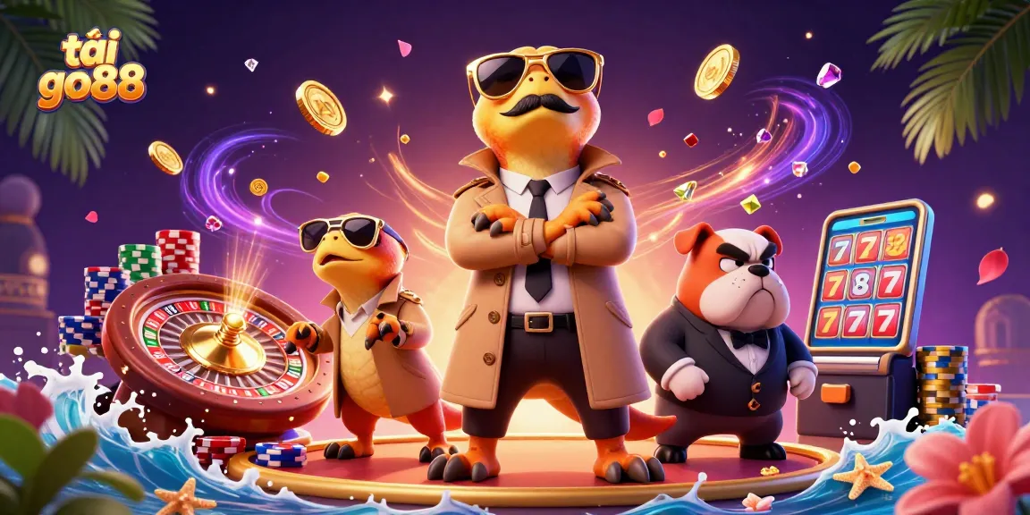 Experience tải go88 with clever raptors in a trench coat trying to enter a casino, featuring dynamic game elements.