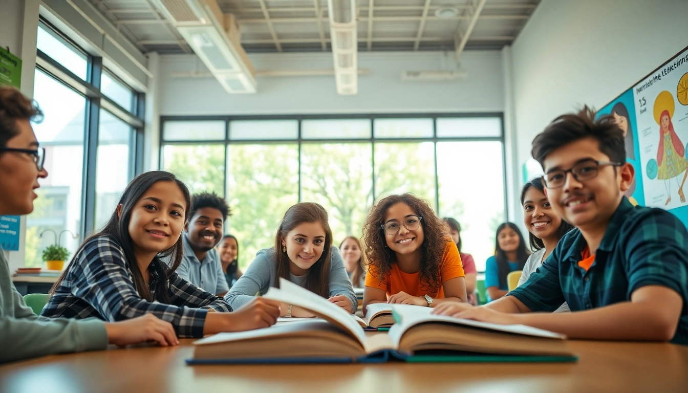 Education-focused classroom scene with diverse students collaborating in a modern learning environment.