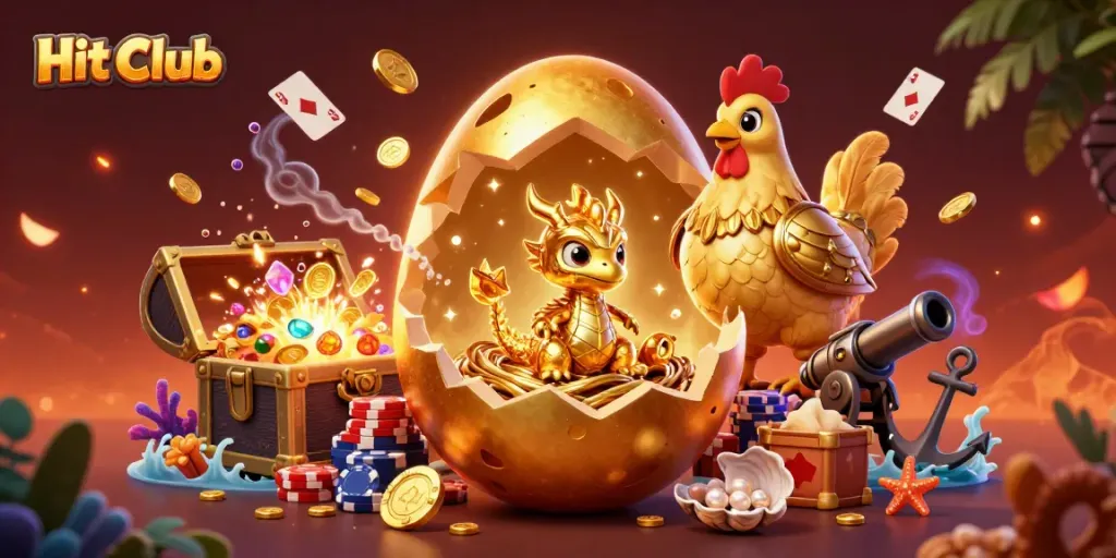 Experience high-stakes fun at Hit Club with golden dragons and poker chips in a dynamic casino scene.
