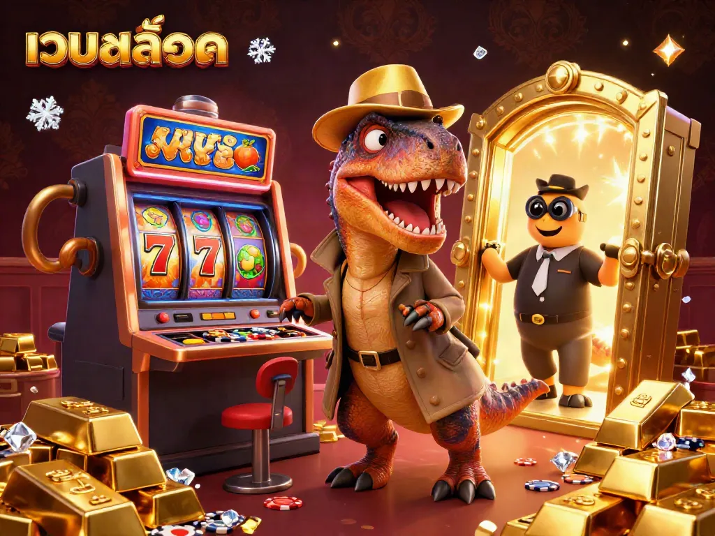 Explore dynamic เว็บสล็อต gameplay featuring a playful velociraptor at the slots amid sparkling treasures.