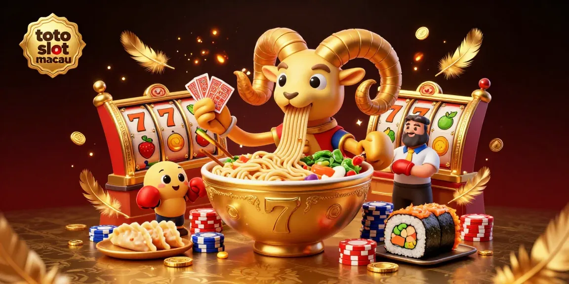 Toto slot macau showcases a vibrant casino scene with a golden ramen bowl character dealing cards and interacting with a sushi roll dealer.