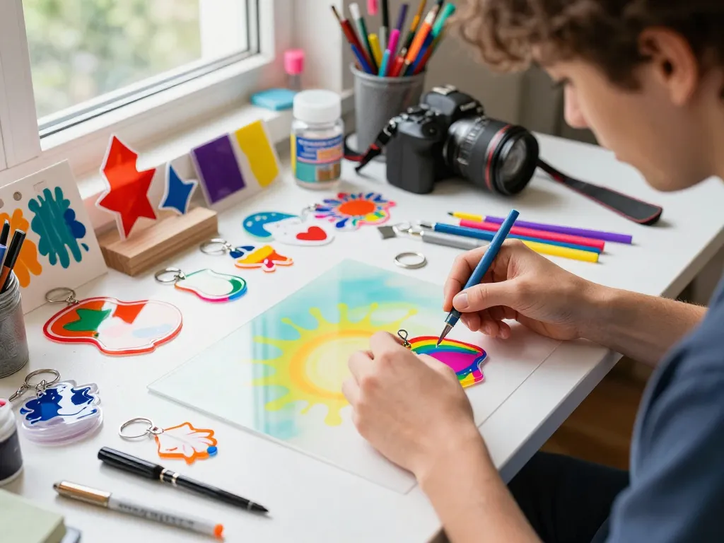 Custom acrylic keychain design in a vibrant workshop environment, showcasing craftsmanship and creativity.