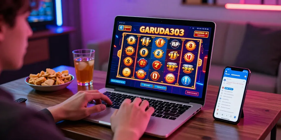 Player enjoying GARUDA303 slot online with vibrant game visuals and snacks, showcasing the exciting gambling experience.