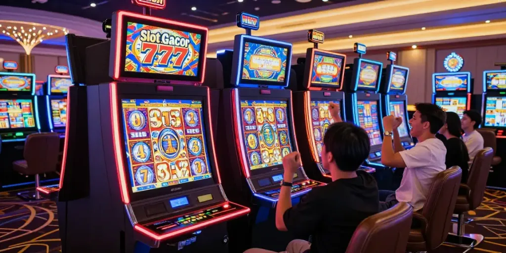 Slot777 memenangkan jackpot di kasino modern, pemain merayakan kemenangan dengan kegembiraan.