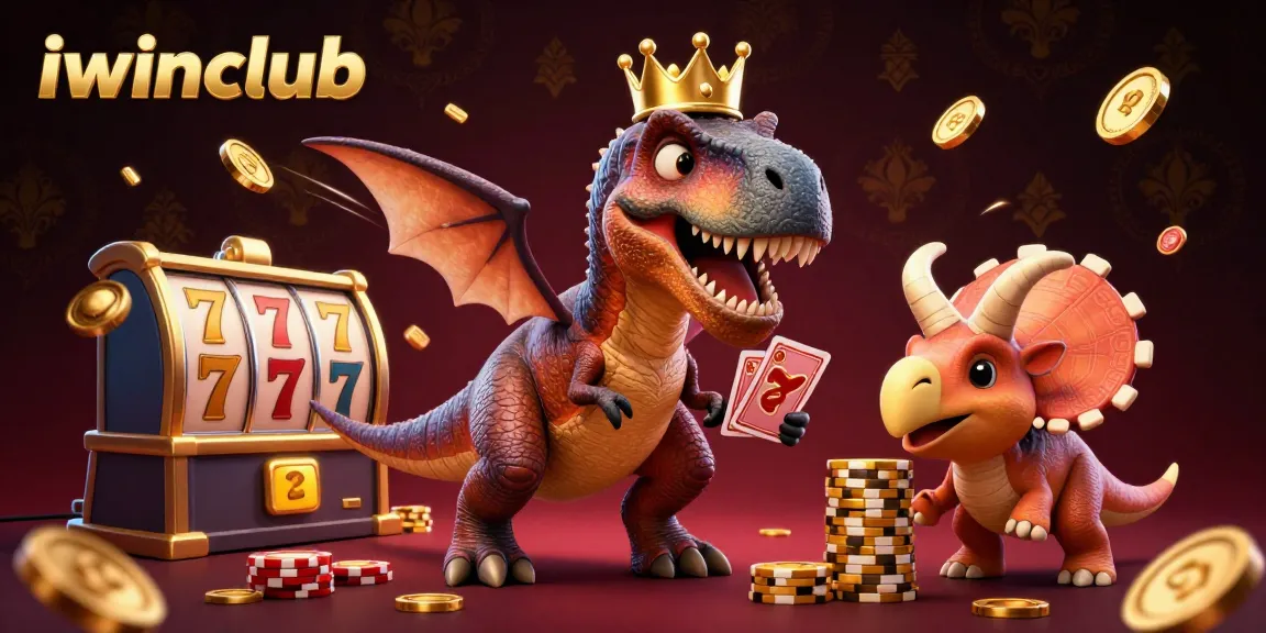 Engage in thrilling gameplay at iwinclub with a cartoon T-Rex shuffling cards amidst vibrant casino elements.