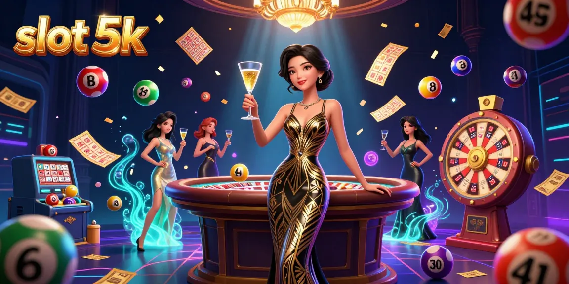 Experience the excitement of slot 5k with vibrant visuals and dynamic gambling elements in this 3D illustration.