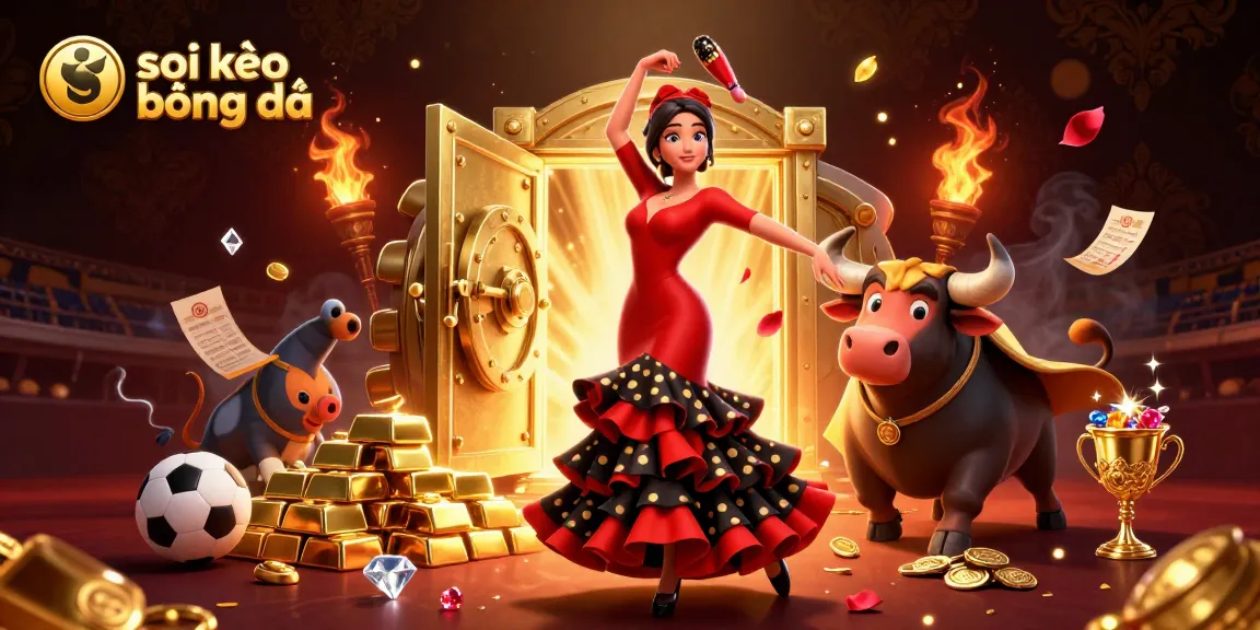 Soi kèo bóng đá inspired action illustration with a flamenco dancer and a charming bull amidst vibrant gambling symbols.