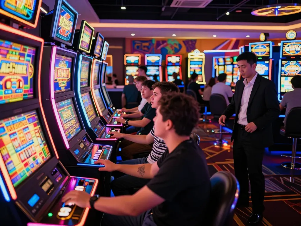 Slot gacor players celebrating wins at vibrant casino slot machines