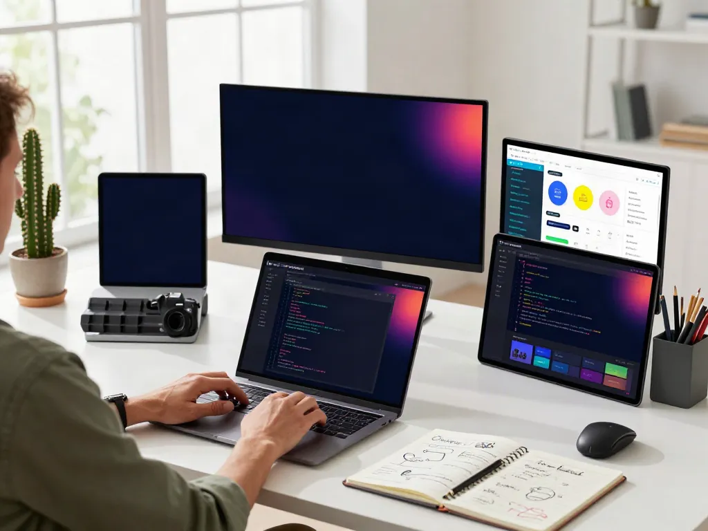 Brave browser interface on multiple screens in a modern tech workspace