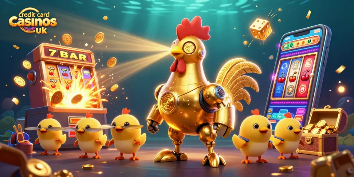 Experience excitement at credit card casinos uk with vibrant graphics of robots, slot machines, and winnings.