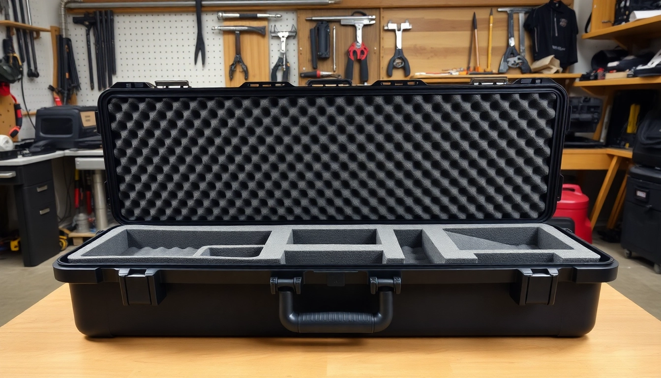 Custom foam for rifle case showcasing precision cuts and textures in a workshop.