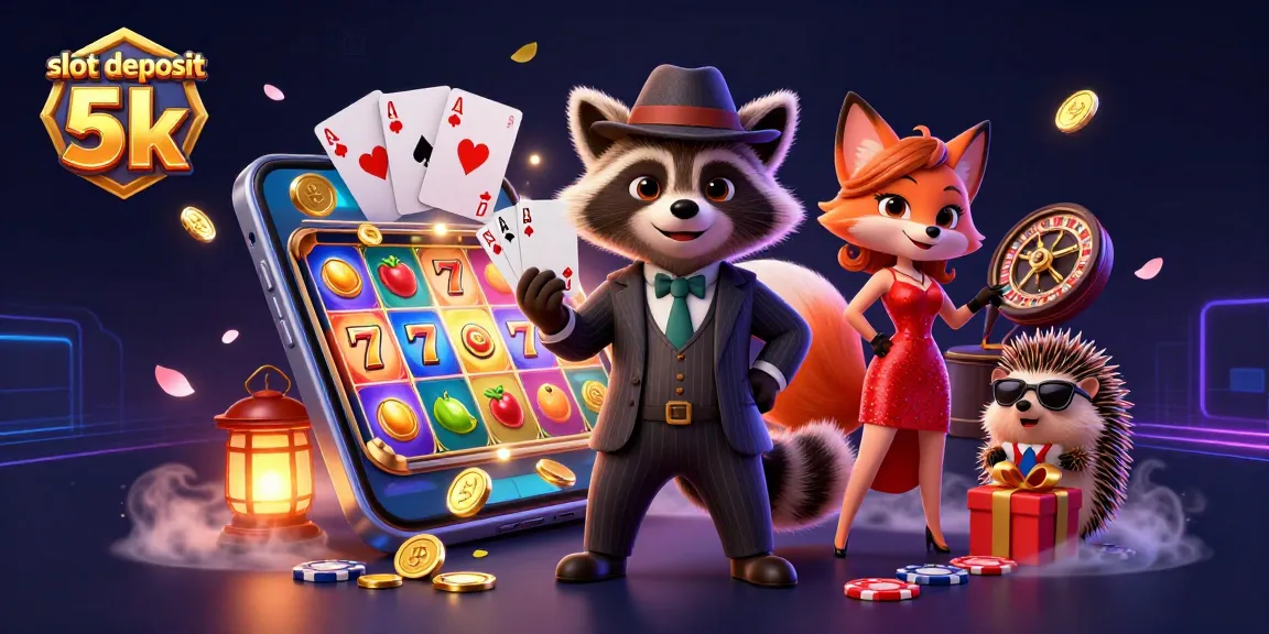 Experience the excitement of slot deposit 5k with a raccoon, fox, and hedgehog in a vibrant casino scene.
